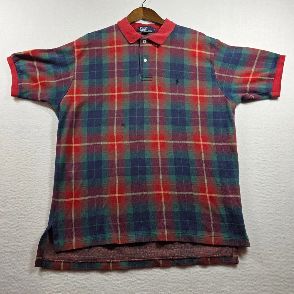 Polo Ralph Lauren Plaid‎ Polo Shirt Mens XL Red Green Blue Vintage Made in USA